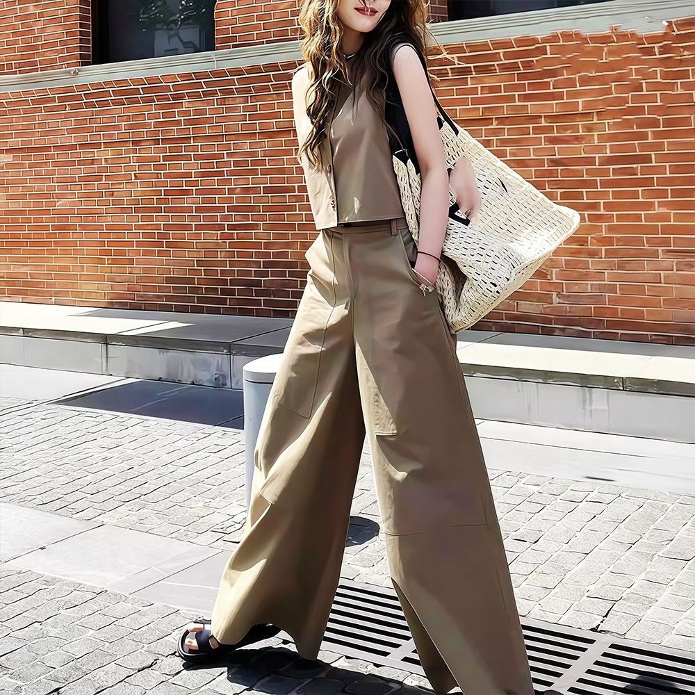 【單件/套裝】極簡設計兩穿無袖背心+寬鬆闊腿褲兩件套裝-HaloBless