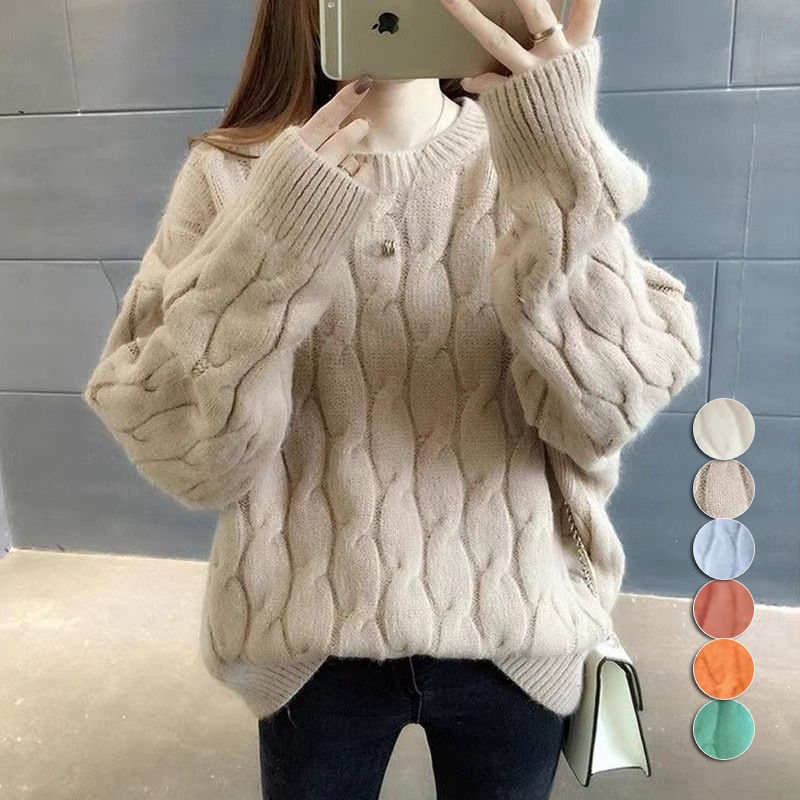 韓版慵懶風寬鬆保暖加厚麻花針織毛衣