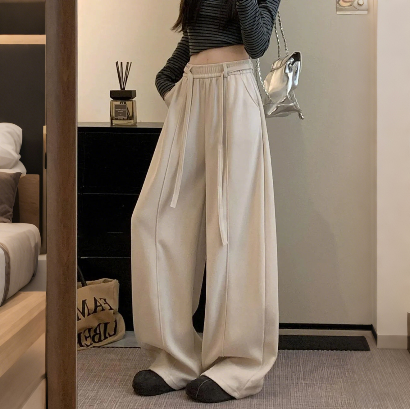 韓版刷毛鬆緊高腰休閒寬鬆垂感顯瘦闊腿褲