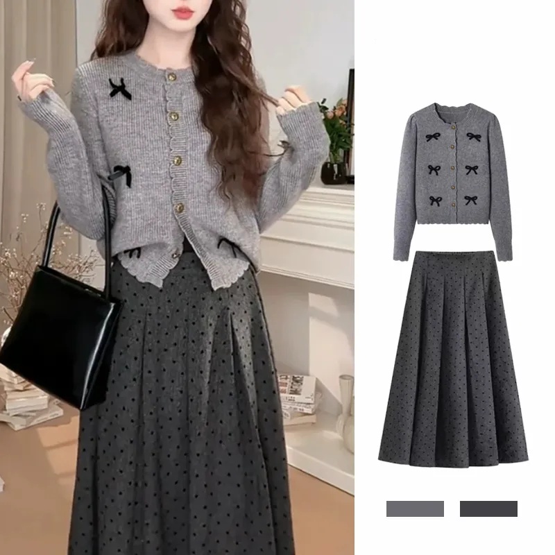 【單件/套裝】立體蝴蝶結針織開衫+波點半身裙兩件套裝