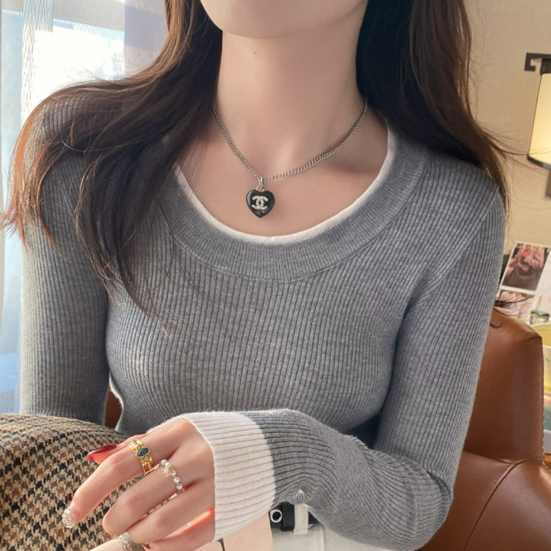 圓領撞色內搭設計感針織長袖T恤-HaloBless