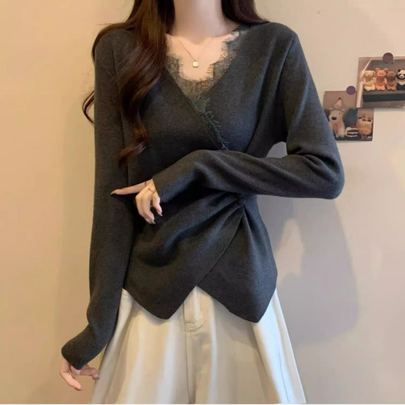 大碼德絨蕾絲拼接V領不規則交叉長袖T恤