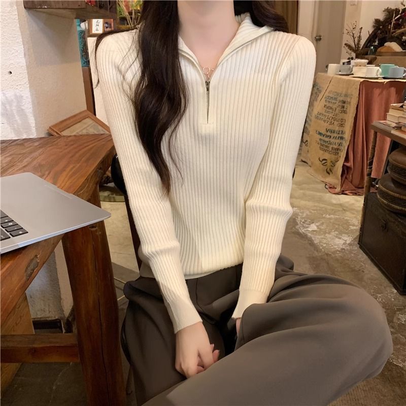 慵懶風半拉鍊高領寬鬆顯瘦內搭長袖針織衫