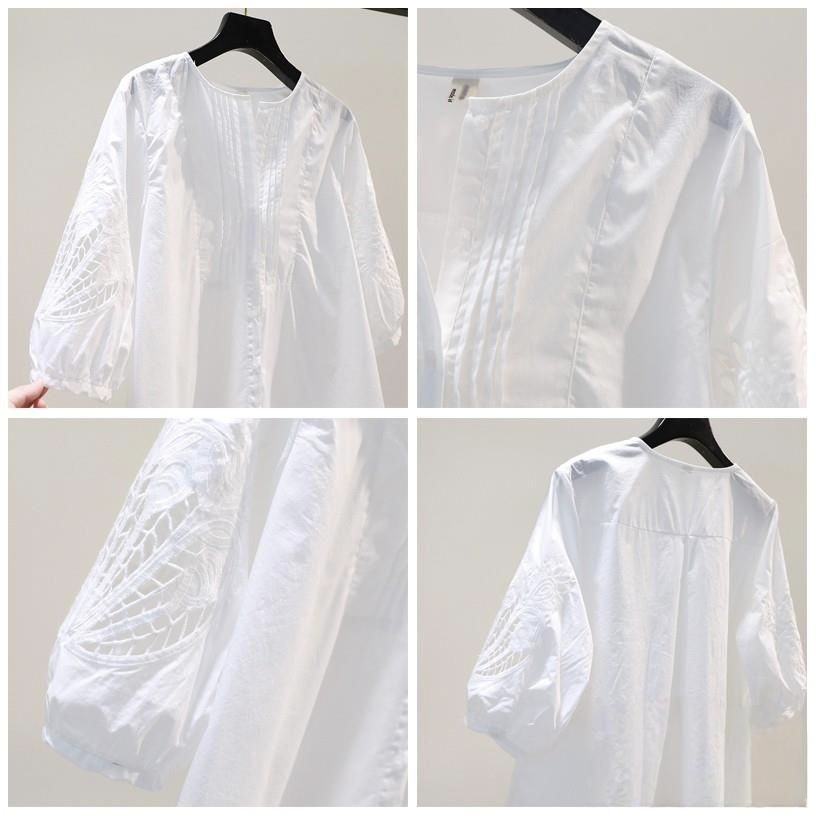 韓版純棉鏤空繡花清新寬鬆中袖襯衫-HaloBless