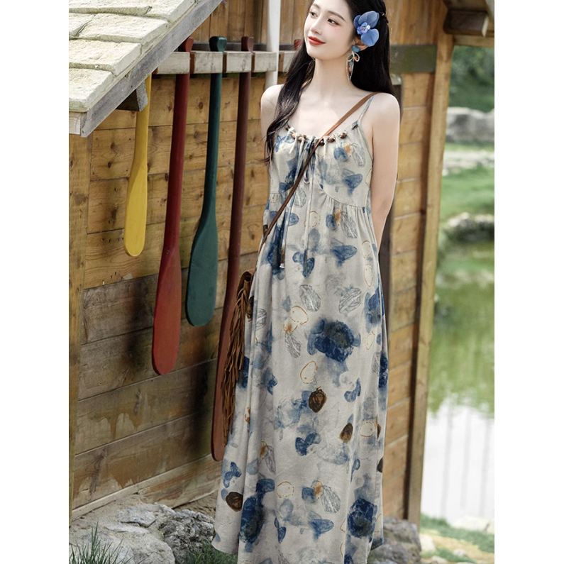 【單件/套裝】氣質油畫風吊帶連身裙+鏤空文藝開衫兩件套裝-HaloBless