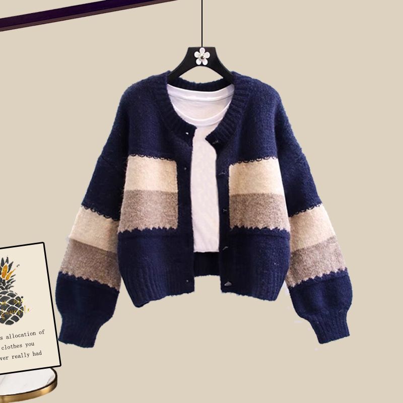 【單件/套裝】復古慵懶撞色針織開衫+收腰顯瘦做舊牛仔闊腿褲兩件套-HaloBless