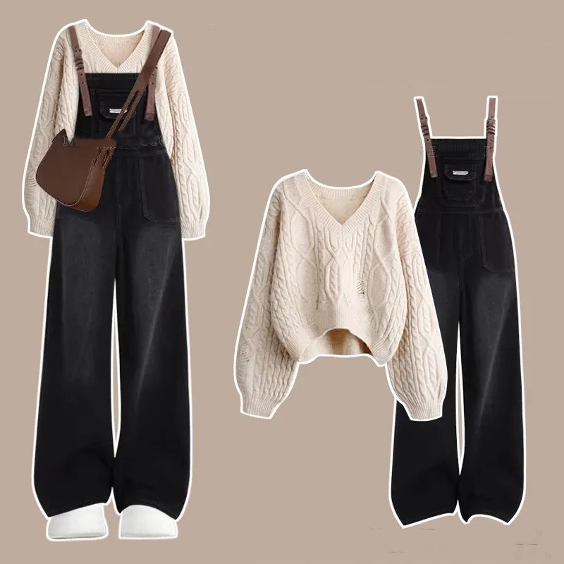 【整套】小眾通勤毛衣搭高級感背帶褲兩件套
