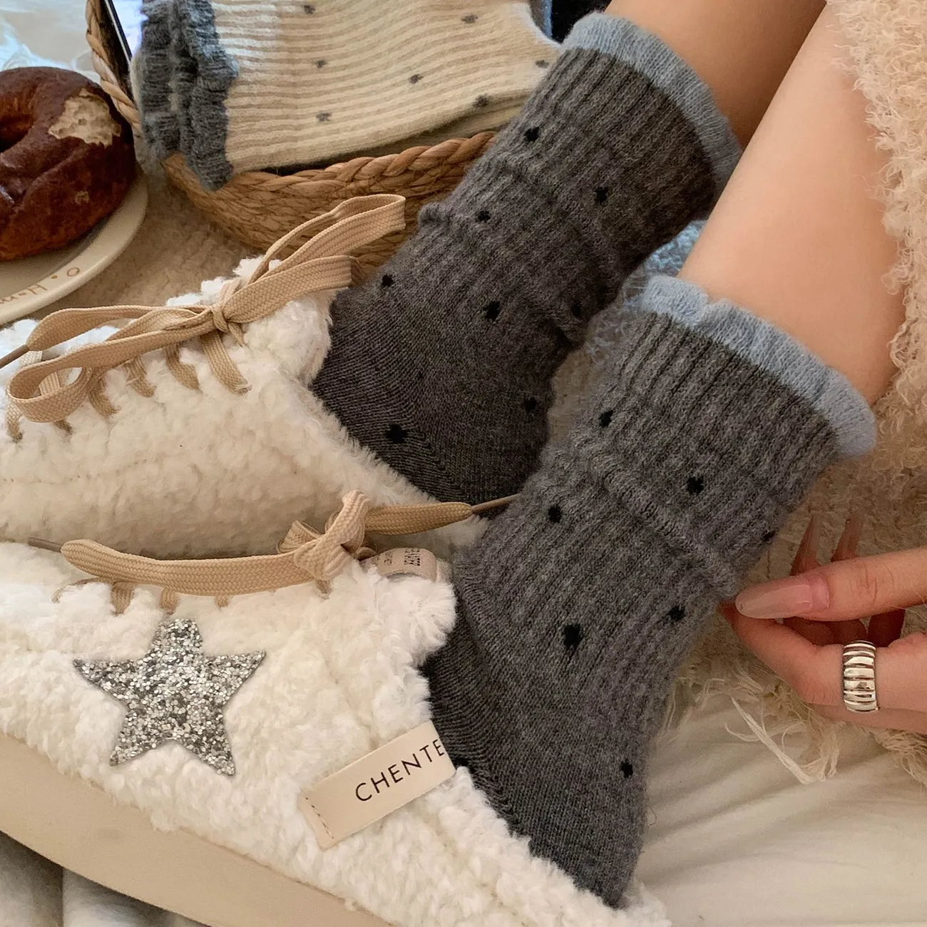 溫柔花邊可愛波點百搭堆堆百搭中筒棉襪