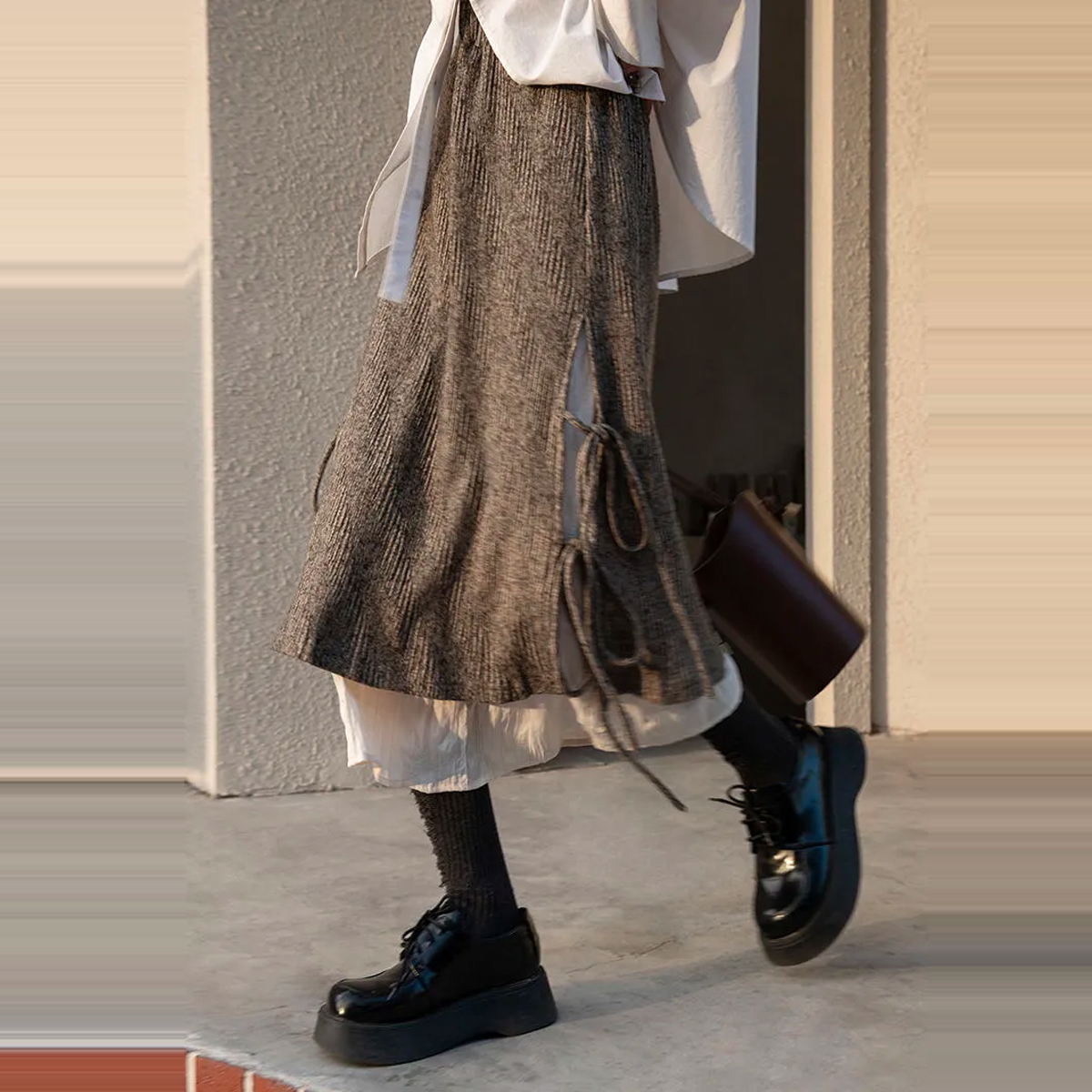 針織中長款a字裙高腰顯瘦復古輕熟裝肌理感拼色半身裙-HaloBless