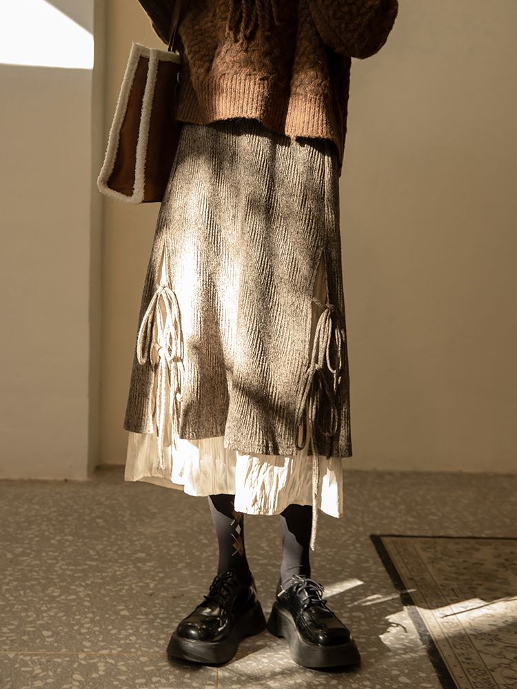 針織中長款a字裙高腰顯瘦復古輕熟裝肌理感拼色半身裙-HaloBless