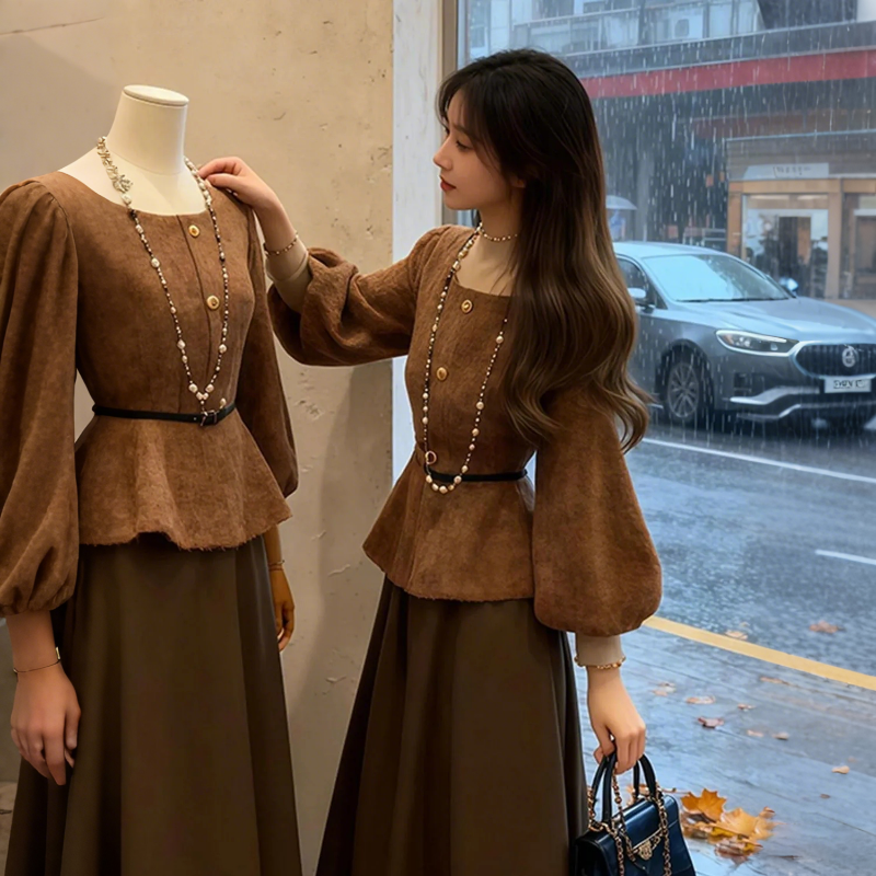 【單件/套裝】高級感氣質絕美燈籠袖上衣+咖色半身裙兩件套