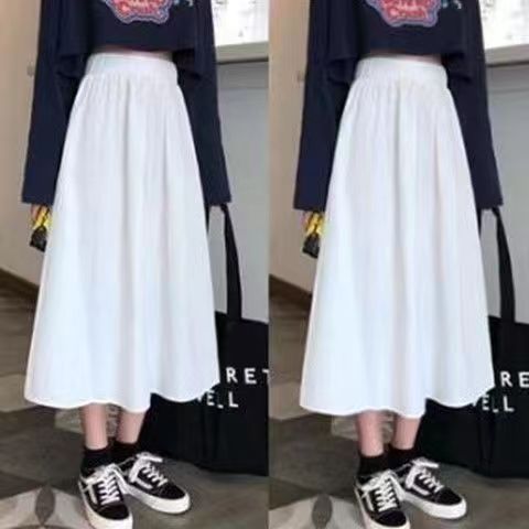 傘裙口袋褶皺高腰a字中長裙寬鬆半身裙-HaloBless