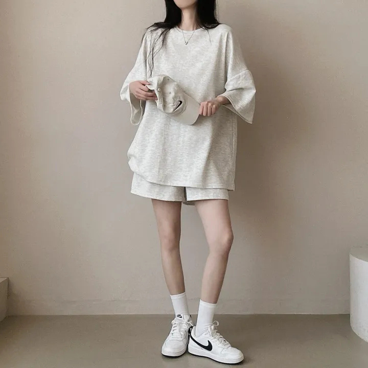 純棉韓版短袖T恤休閒短褲素色兩件套裝-HaloBless