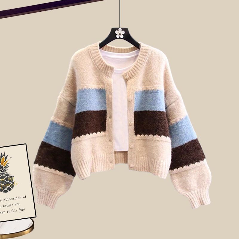 【單件/套裝】復古慵懶撞色針織開衫+收腰顯瘦做舊牛仔闊腿褲兩件套-HaloBless