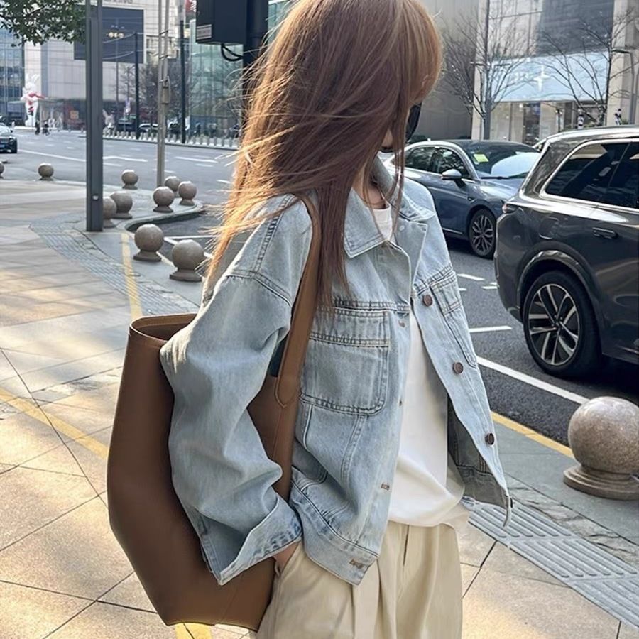 百搭寬鬆夾克長袖高級感復古藍牛仔外套-HaloBless