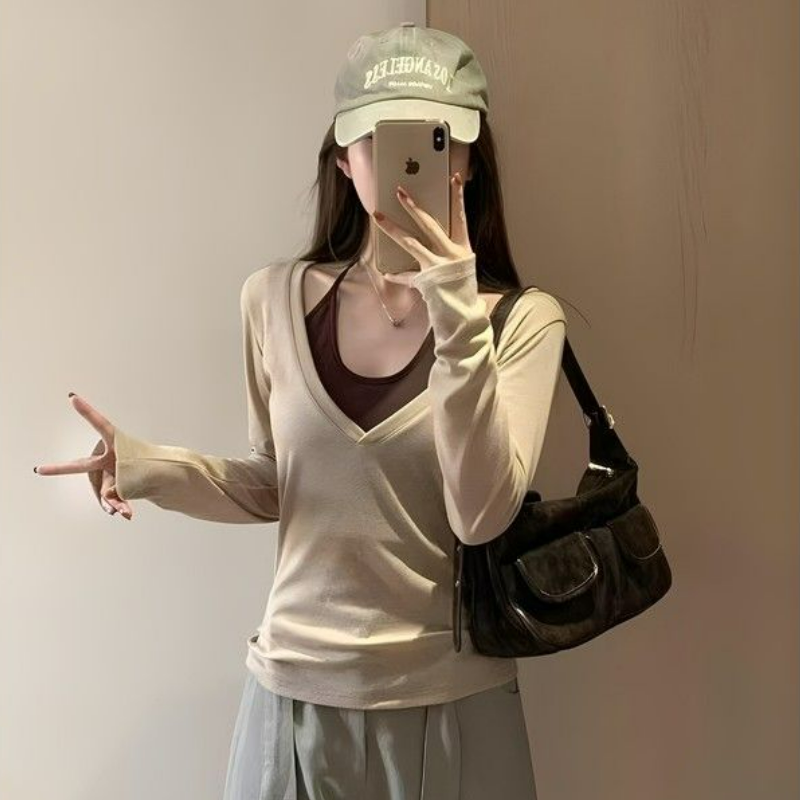 疊穿美式辣妹修身長袖罩衫+掛脖背心真兩件長袖