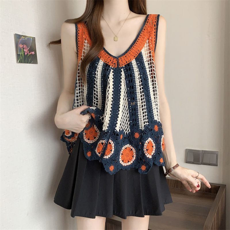 波西米亞設計感撞色可疊穿鏤空吊帶背心