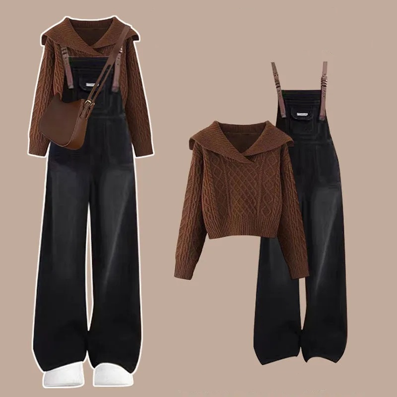 【整套】小眾通勤毛衣搭高級感背帶褲兩件套