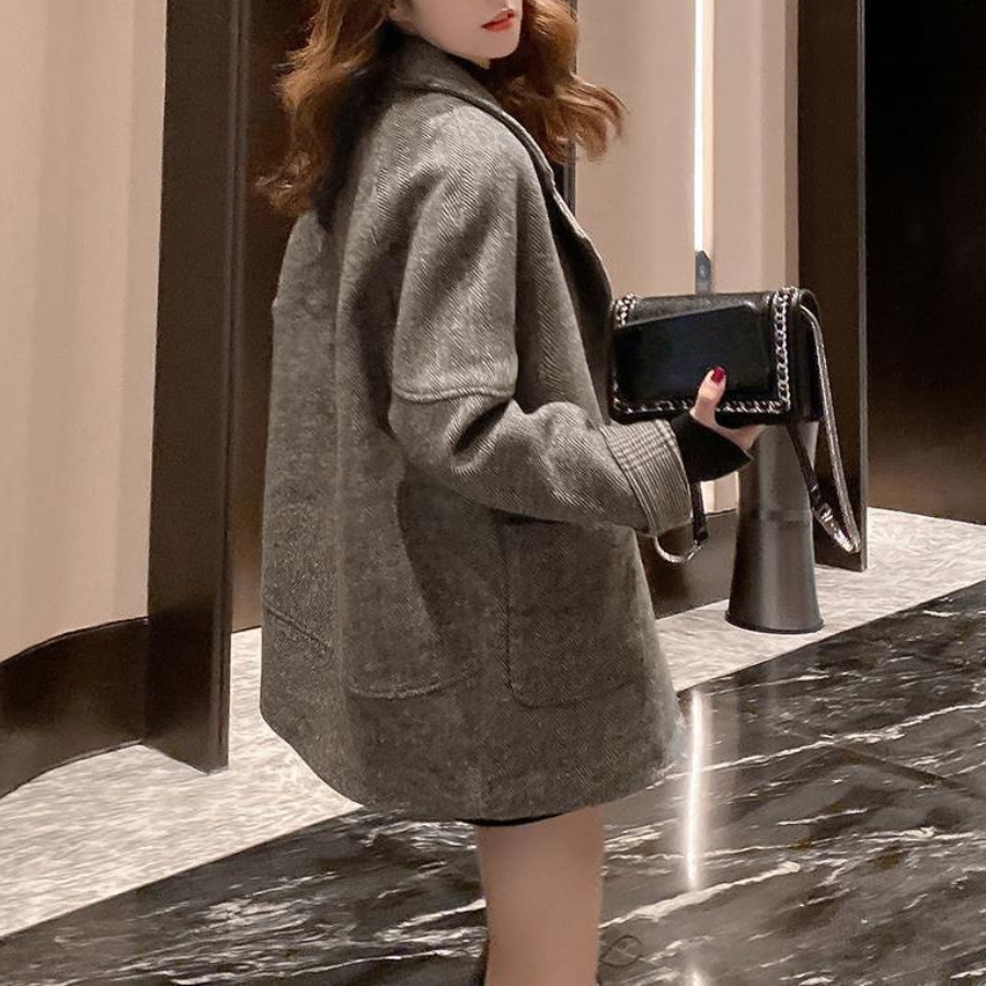 韓版寬鬆顯瘦英倫風休閒毛呢西裝開衫-HaloBless