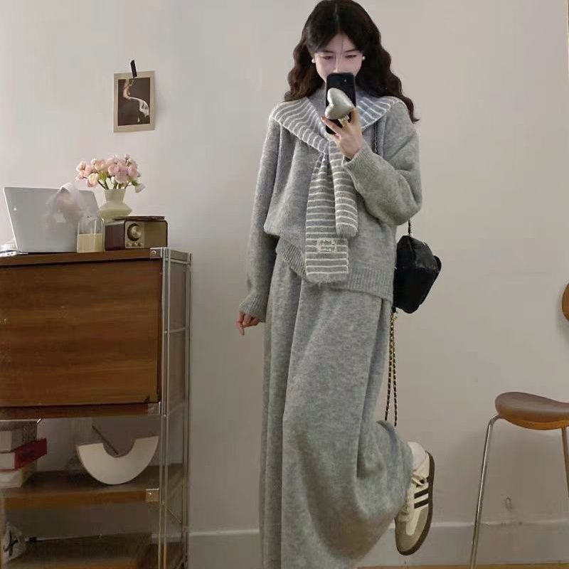【整套】帶帽俏皮羊毛條紋披肩百搭針織衫+微彈保暖半身裙兩件套裝