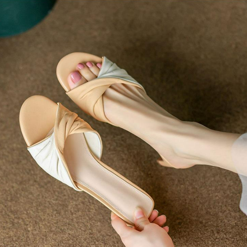 優雅復古舒適柔軟外穿時尚中跟涼拖鞋-HaloBless