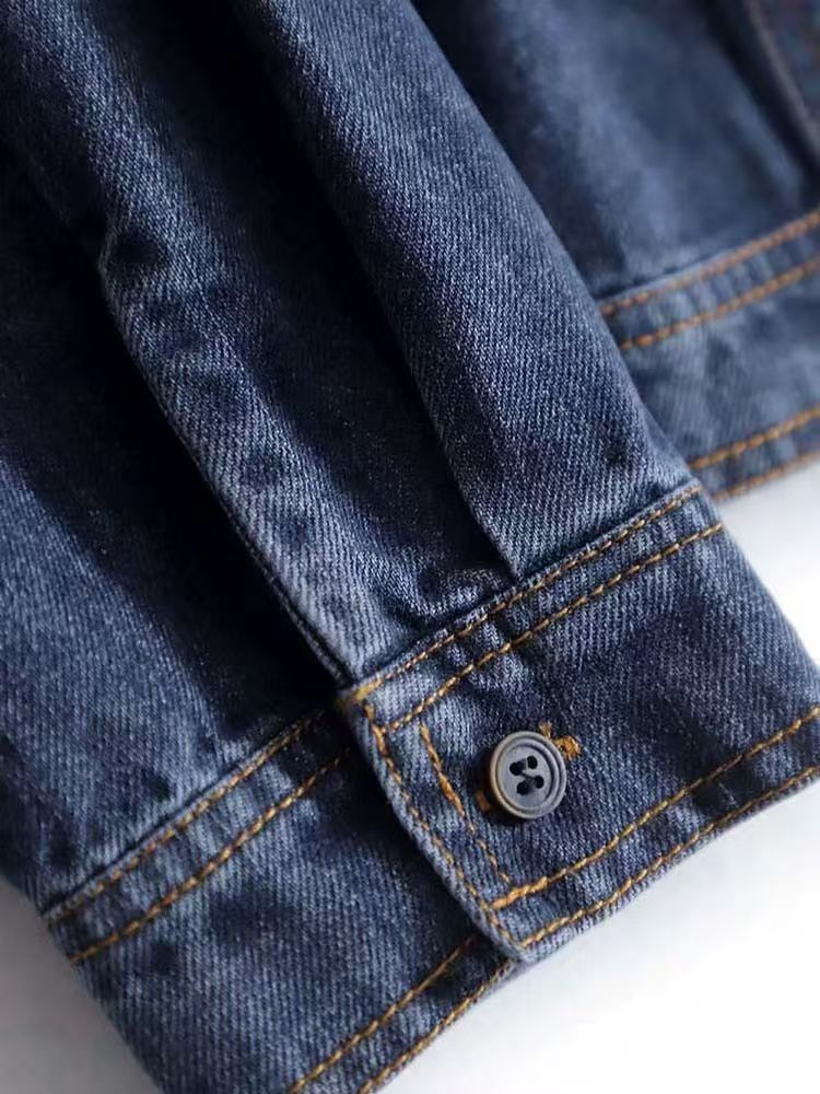 氣質色時尚休閒通勤藍色牛仔開衫短款外套-HaloBless