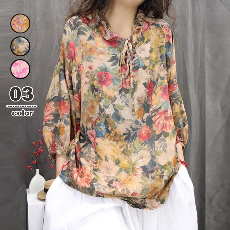 復古文藝洋氣印花時尚顯瘦百搭襯衫-HaloBless