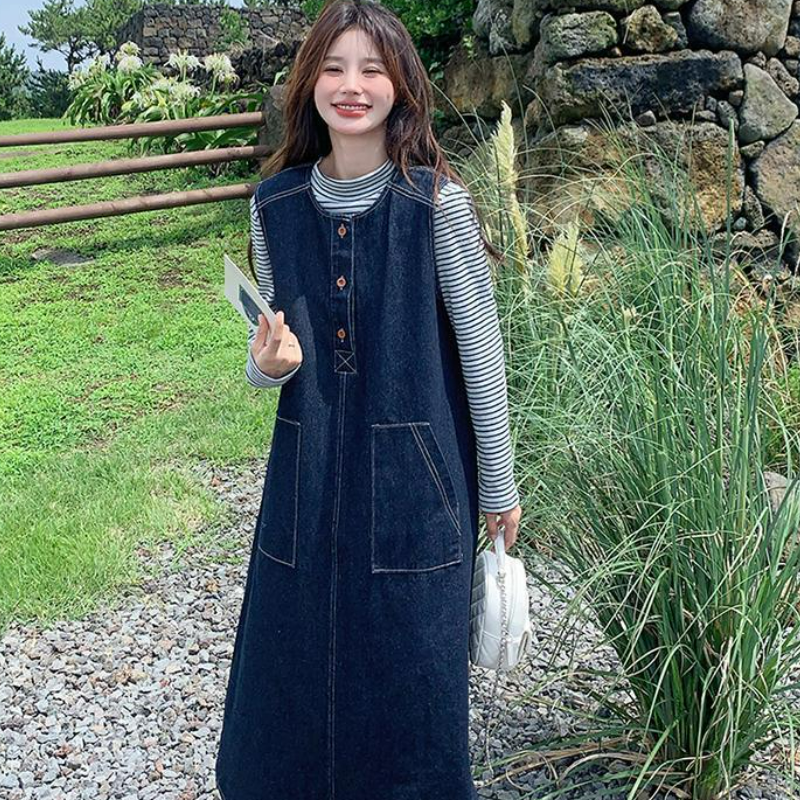 【單件/套裝】韓系條紋顯瘦上衣+復古牛仔背心洋裝兩件套-HaloBless