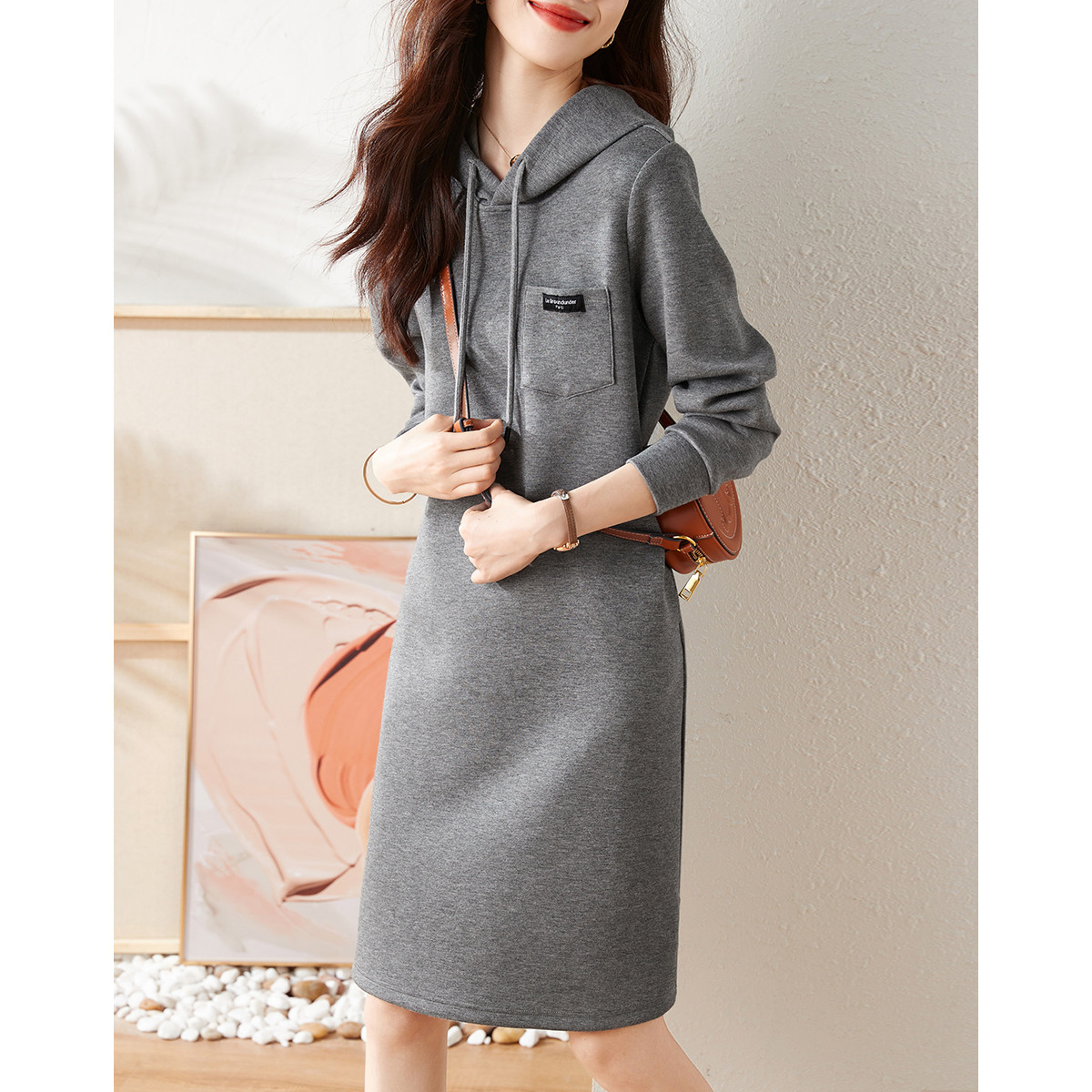 休閒連帽舒適簡約抽繩口袋設計衛衣裙連身裙-HaloBless