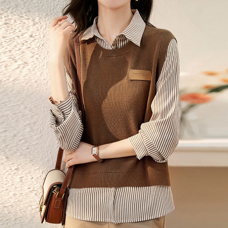 假兩件襯衫百搭顯瘦寬鬆拼接針織衫-HaloBless