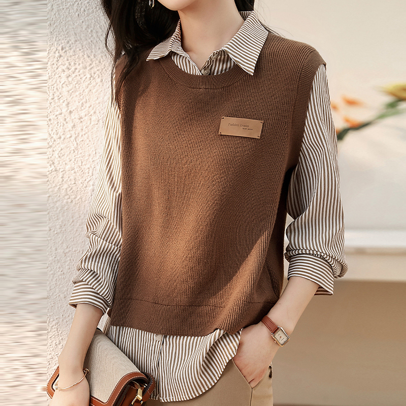 假兩件襯衫百搭顯瘦寬鬆拼接針織衫-HaloBless