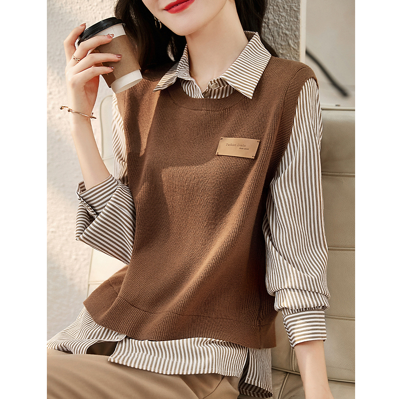 假兩件襯衫百搭顯瘦寬鬆拼接針織衫-HaloBless