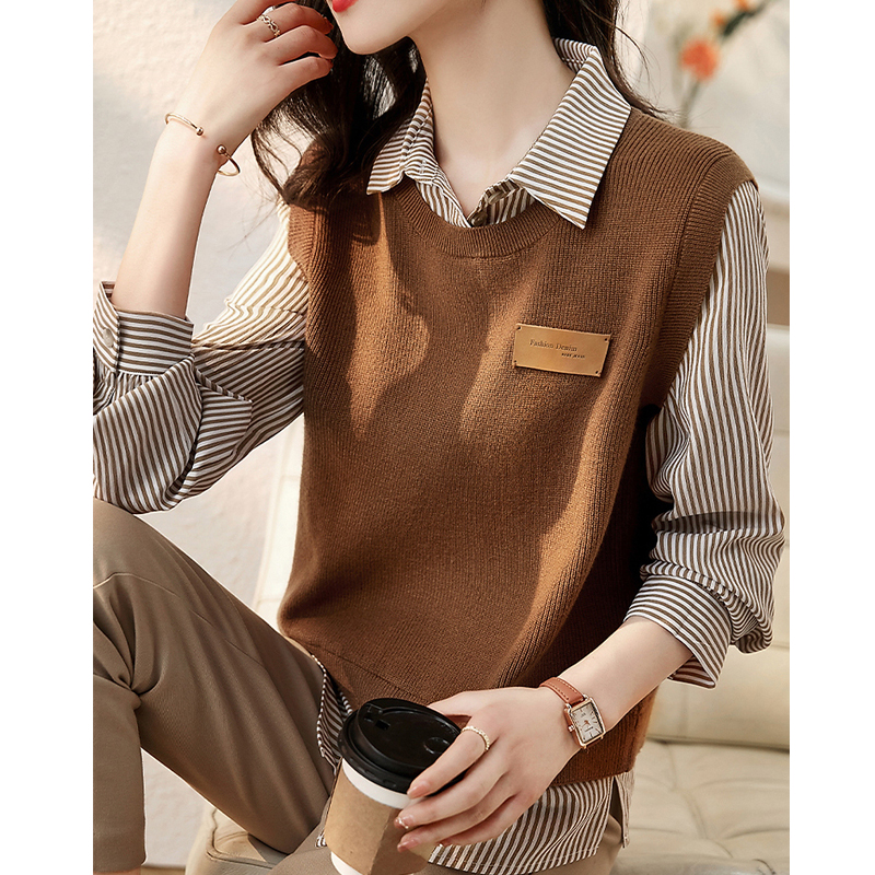 假兩件襯衫百搭顯瘦寬鬆拼接針織衫-HaloBless