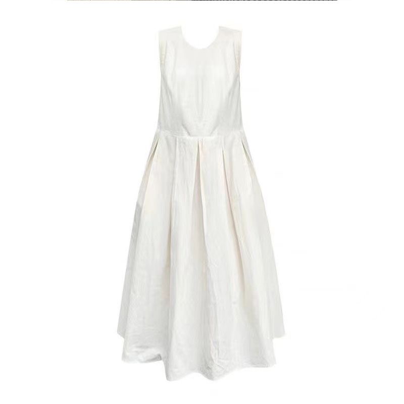 法式白色收腰顯瘦中長款蓬蓬大擺無袖連身裙