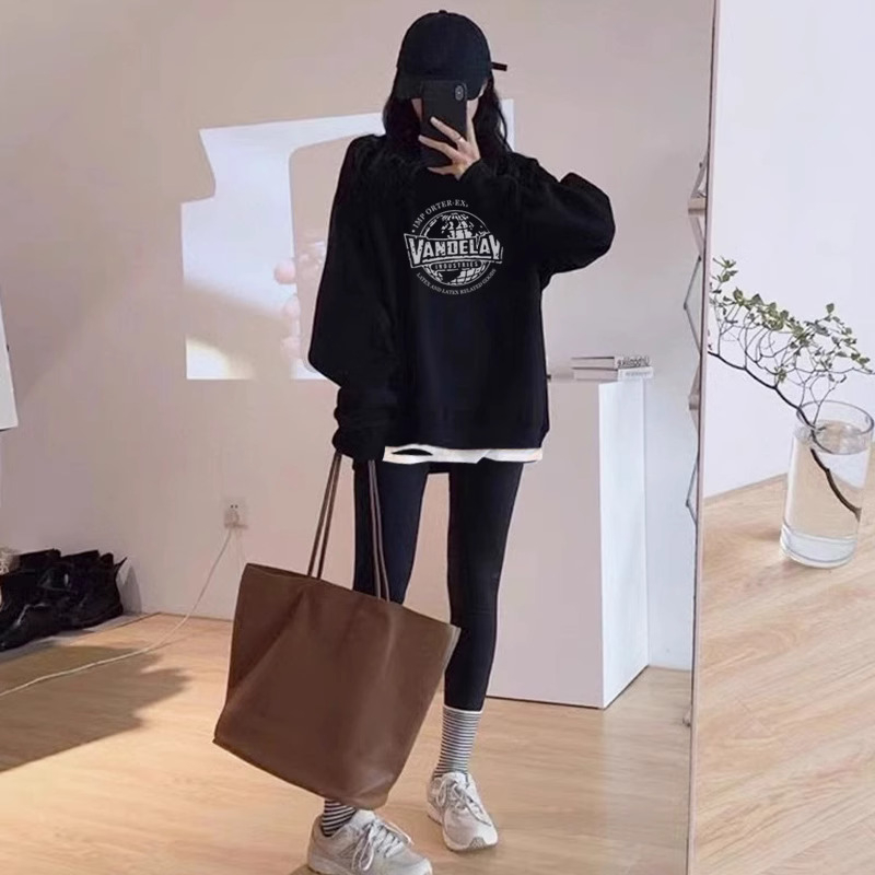 薄款休閒時尚假兩件設計感圓領印花衛衣-HaloBless