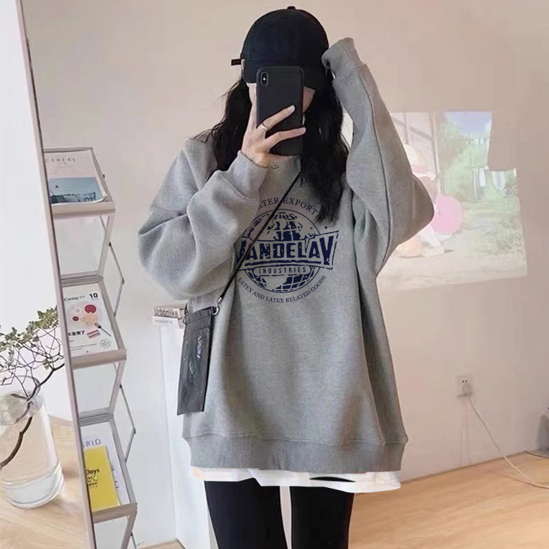 薄款休閒時尚假兩件設計感圓領印花衛衣-HaloBless