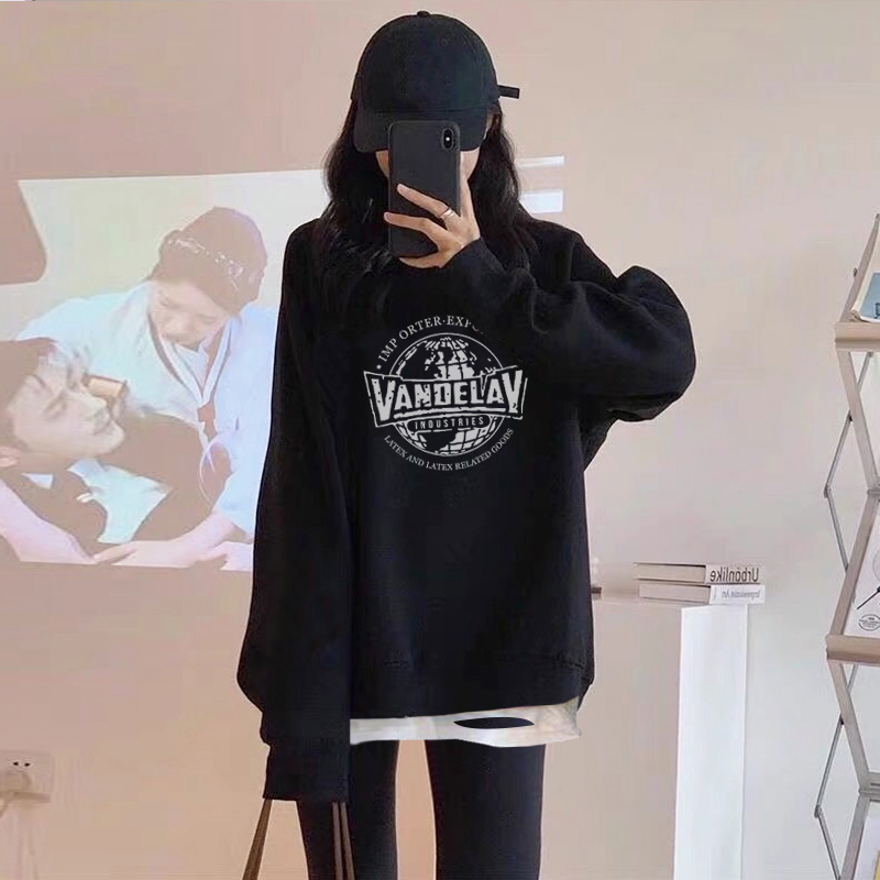 薄款休閒時尚假兩件設計感圓領印花衛衣-HaloBless