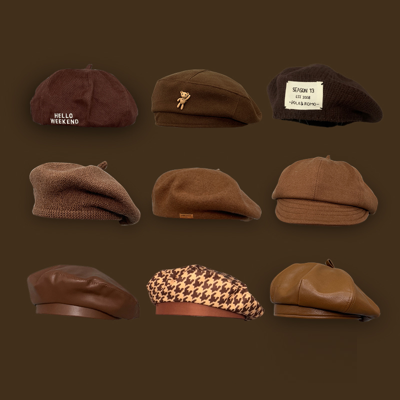 多款英倫復古棕色八角pu皮質貝雷帽子-HaloBless