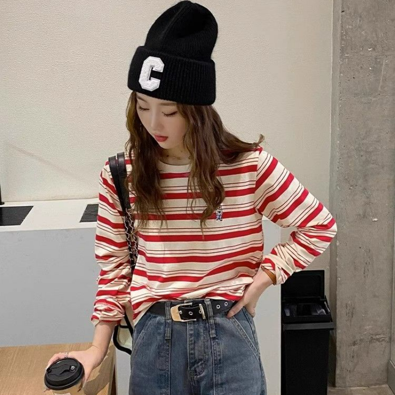 寬鬆休閒大碼百搭撞色條紋純棉長袖T恤