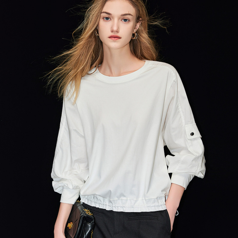 簡約風設計感時尚拼接下擺鬆緊襯衫-HaloBless