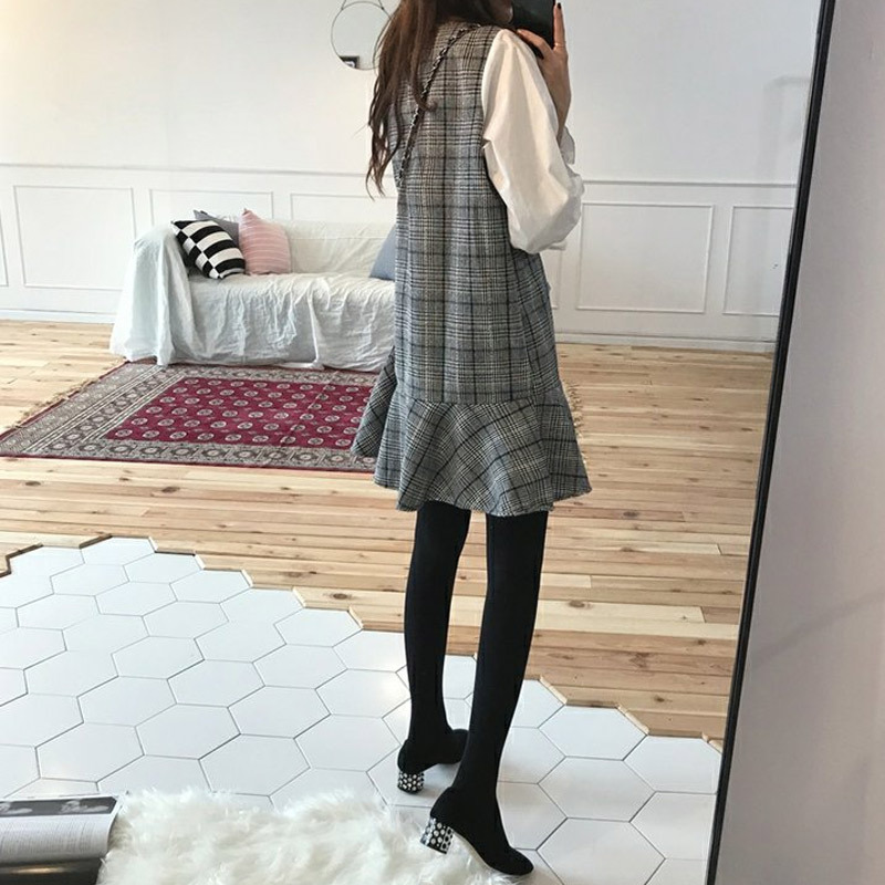 韓版溫柔小香風氣質通勤假兩件連身裙-HaloBless