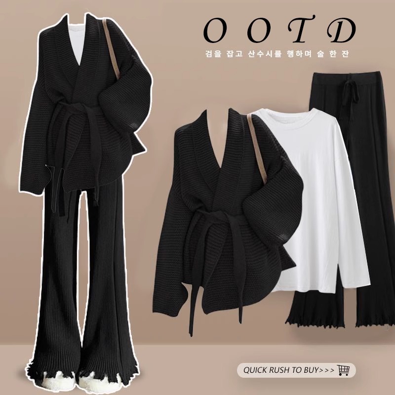 【單買/整買】氣質針織開衫+簡約T恤+微喇褲三件套裝-HaloBless