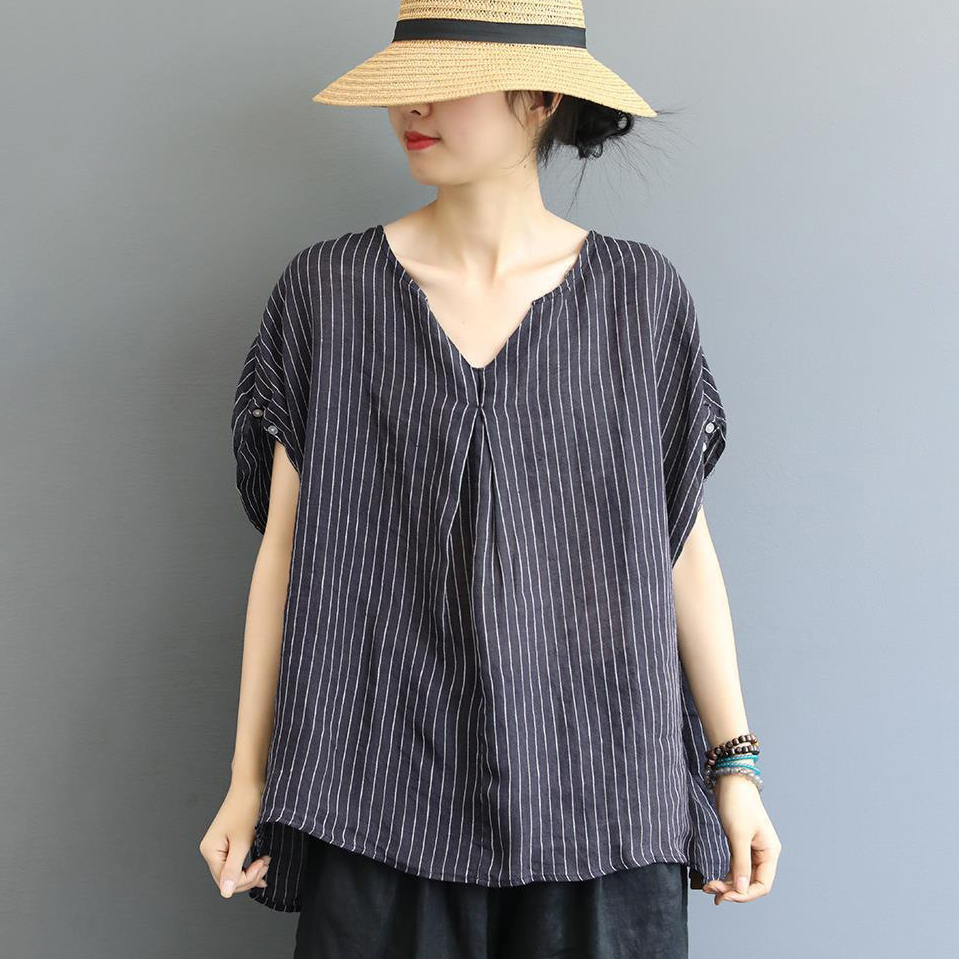 簡約涼感寬鬆文藝條紋遮肚棉麻襯衫