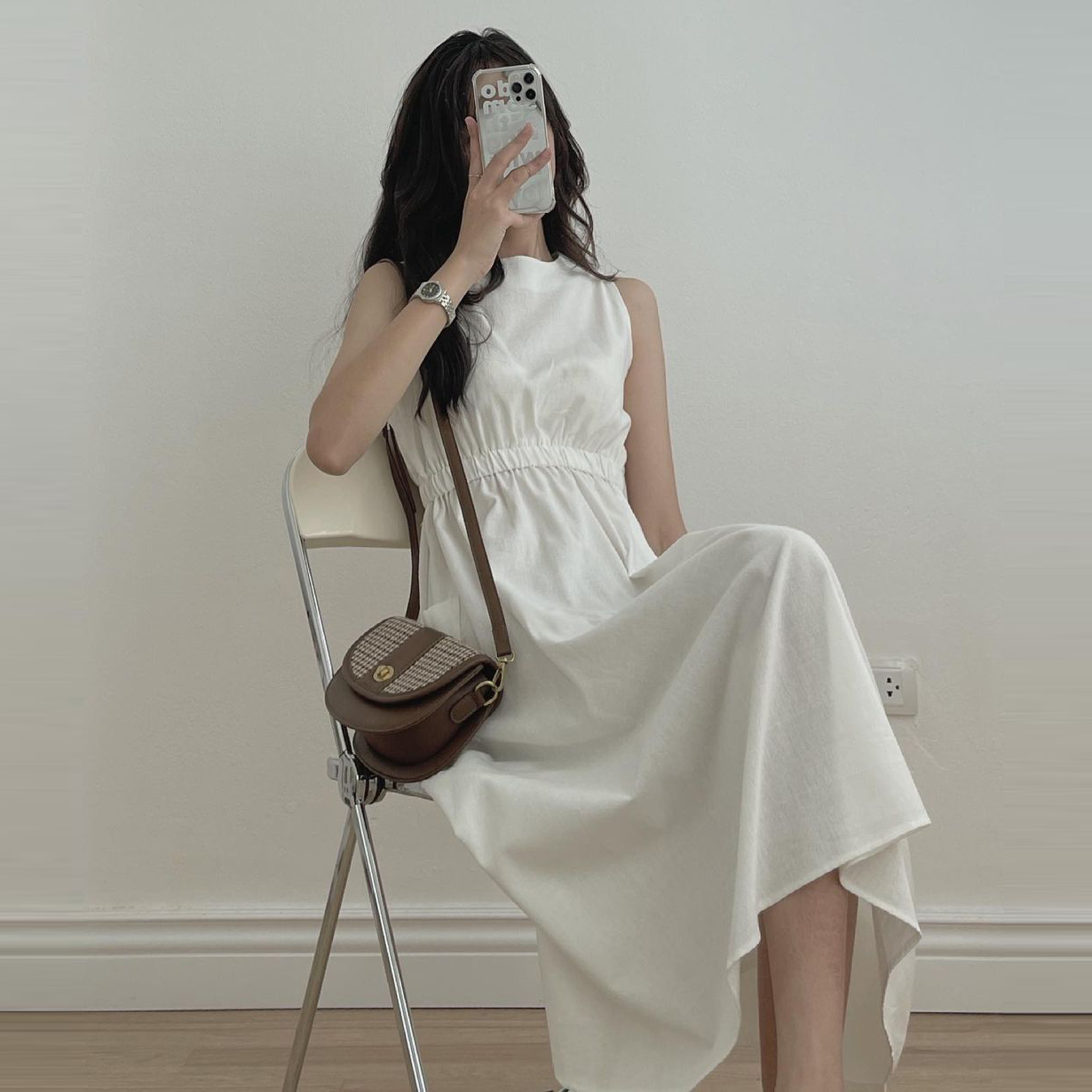 簡約小眾圓領褶皺高腰顯瘦雙口袋無袖背心連身裙
