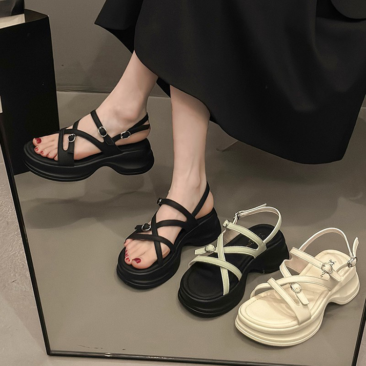 交叉細帶厚底增高休閒涼鞋