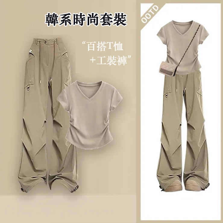 【單件/整套】韓系顯瘦短袖T恤+時尚休閒工裝褲兩件套裝-HaloBless