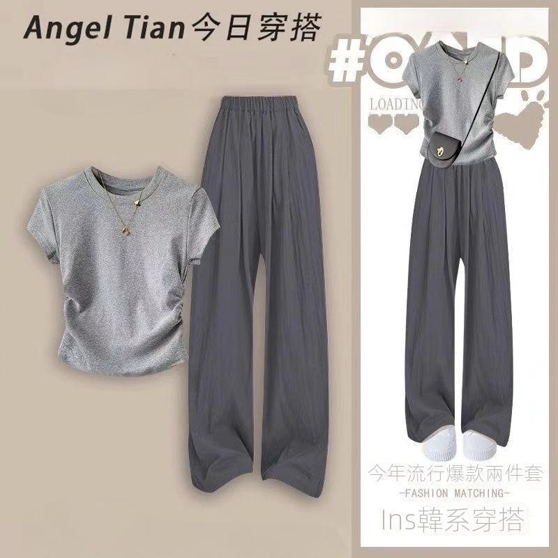 【單件/套裝】韓系簡約百搭純棉正肩T恤+寬鬆闊腿褲兩件套裝-HaloBless