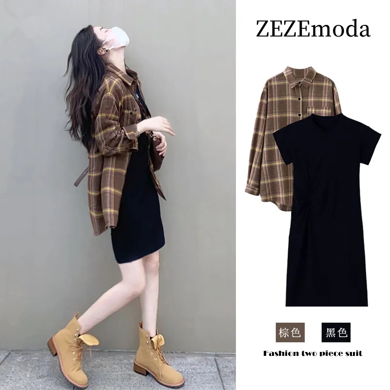 【單品/套裝】韓版顯瘦格紋襯衫洋装两件套裝-HaloBless