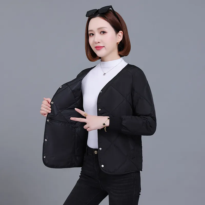 小香風無領菱形格內搭輕薄短版棉服外套