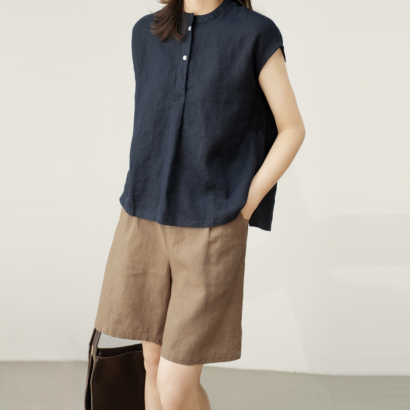 日系通勤棉麻落肩立領顯瘦無袖襯衫-HaloBless